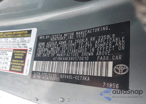 2008 Toyota Camry Se V6 z USA, uszkodzony, nr VIN 4T1BK46KX8U570610